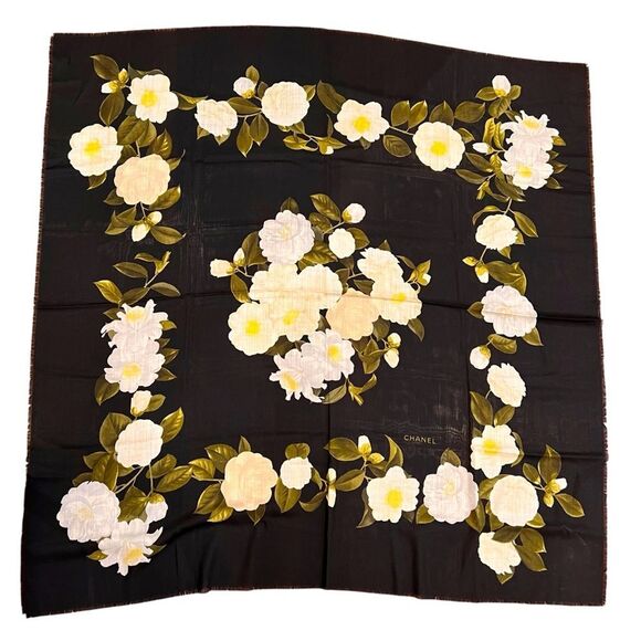 Chanel Large Black Floral Scarf Shawl - Picture 1 of 7